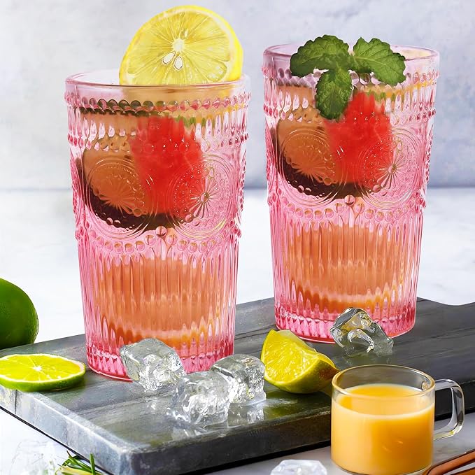Loivttvv 6pcs Vintage Drinking Glasses Set, 12 oz Pink Highball Glasses, Embossed Ribbed Glassware Cups for Cocktail, Water, Juice, Coffee, Whiskey