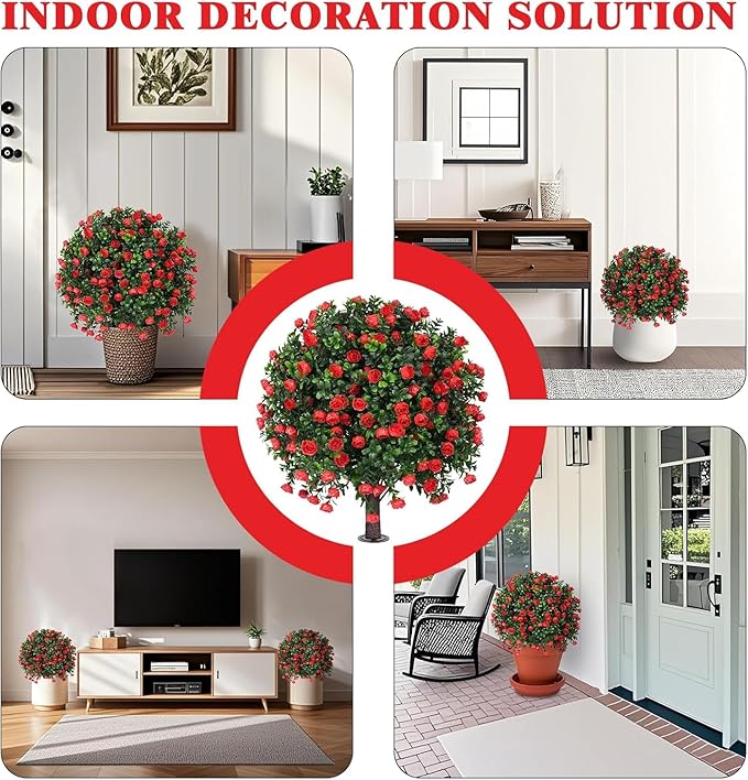 (2-Piece Set) Rose-Shaped Artificial Boxwood Topiary Trees – Designed for Artificial Landscape Shrubs, Shrub Bushes with Ground Spikes, Artificial Flowers