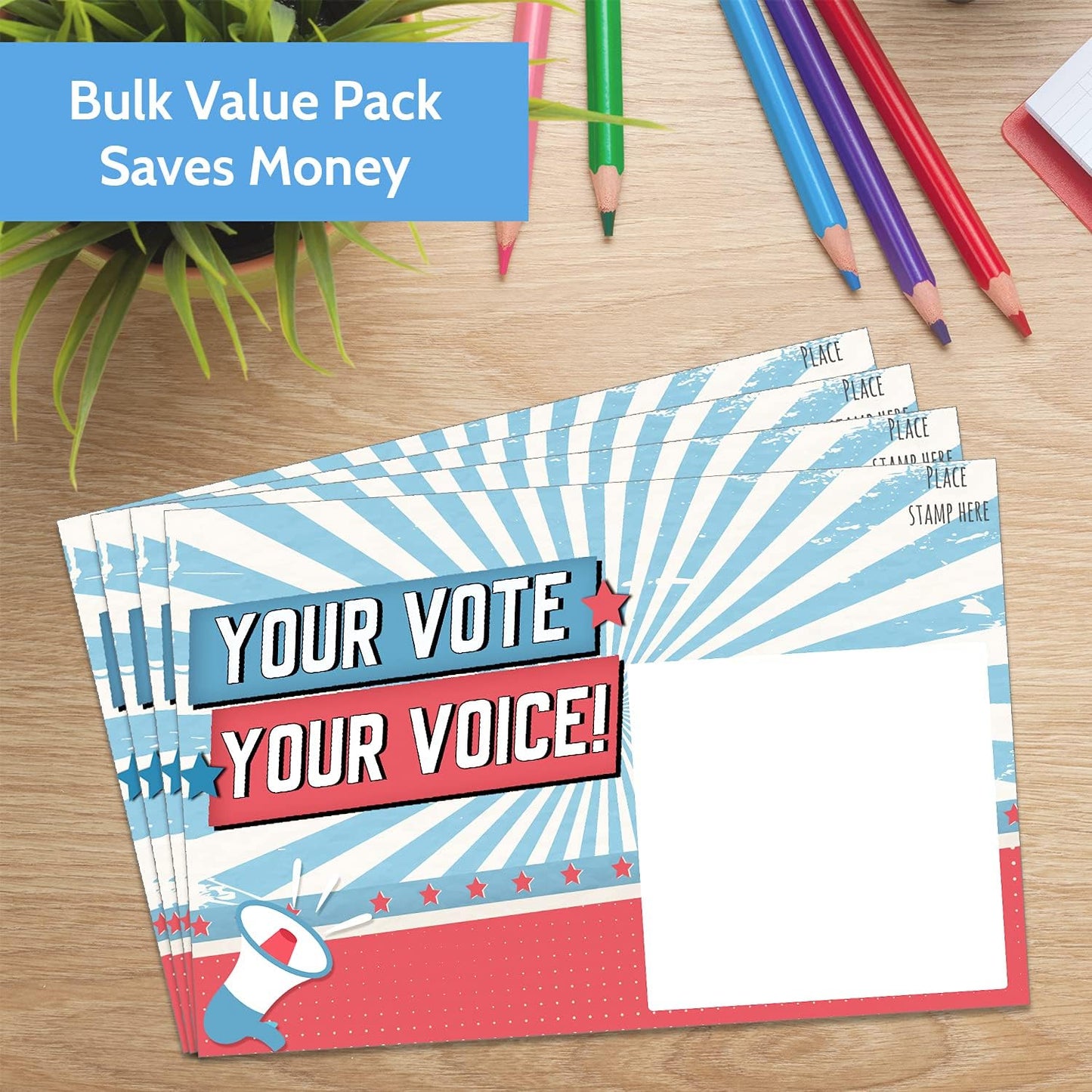 T MARIE 100 Bulk Voter Postcards | 4x6” Red, White, and Blue Design - Blank Back for Personalized Messages