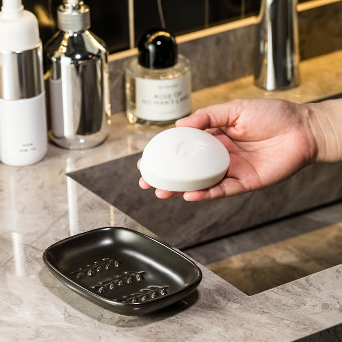 Soap Dish Soap Holder Shower, Ceramic Soap Dishes for Large Bar Soap Sponge, Shower Soap Dish Soap Saver Tray for Bathroom Kitchen Sink, Elegant Raised Leaf Design, Easy Dishwasher Cleaning, Black