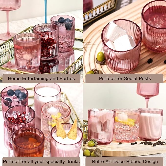 Pink Ribbed Drinking Glasses Set of 6,8.5oz Vintage Highball Tumblers,Colored Glassware for Juice,Milk,Coffee & Cocktails,Gift for Party,Housewarming,Mother's Day