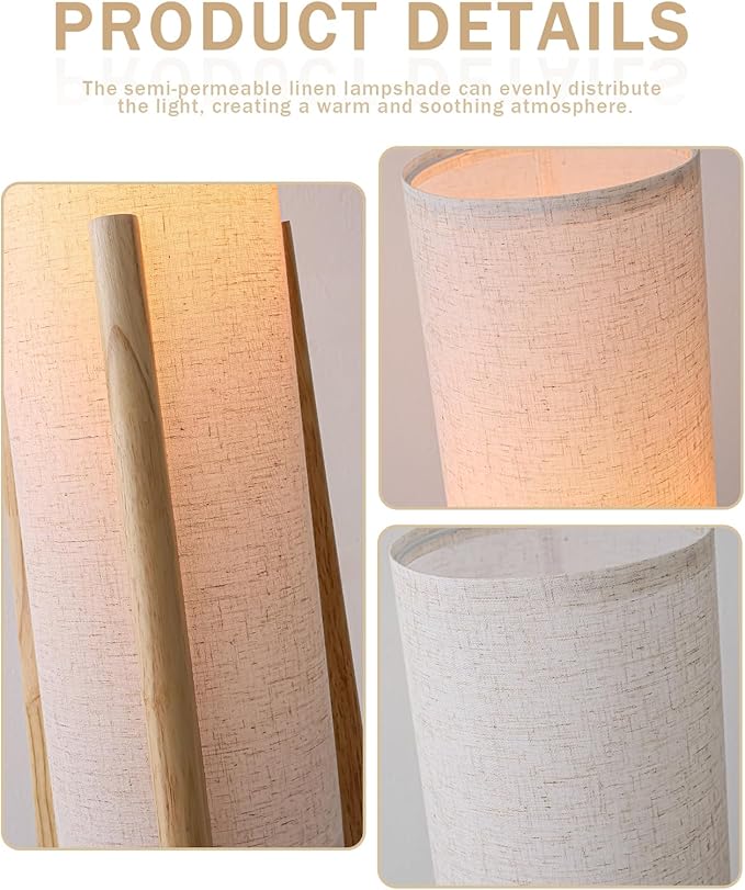Natural Wood Tripod Floor Lamp, 48.8 in High Vintage Style Cylinder Floor Lamp with White Fabric Lampshade, Mid Century Modern Floor Lamp for Bedroom Living Room Home Office (Natural)