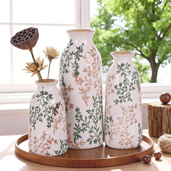 Ceramic Vase Set of 3, Vintage Green and Beige Vases Set, Flower Rustic Chinoiserie Vases Floral Grand Millennial Farmhouse Decor Vase (Green and Beige-Set of 3)