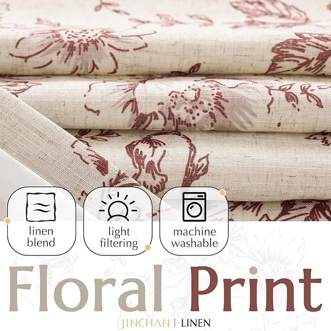 jinchan Lined Linen Blend Curtain Floral Curtains for Living Room 90 Inches Long Christmas Red Peony Flower Printed Curtain Rod Pocket Back Tab Farmhouse Patterned DrapesCurtains Set 2 Panels