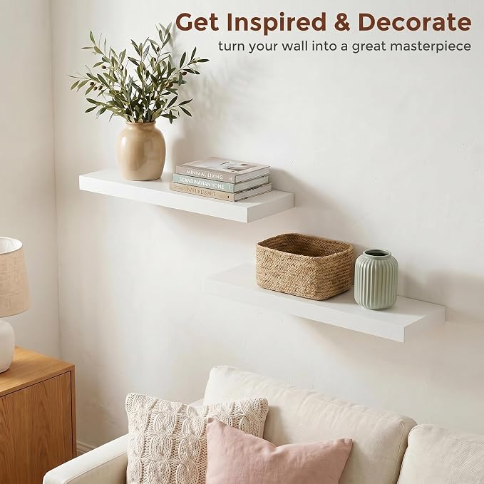 fuqing 20 Inch Floating Shelves | 6.7 Inch Deep White Shelves for Wall Set of 2 | 20''W x 6.7''D x 1.4''H White Wood Shelves for Living Room Bathroom Bedroom Kitchen Home Office