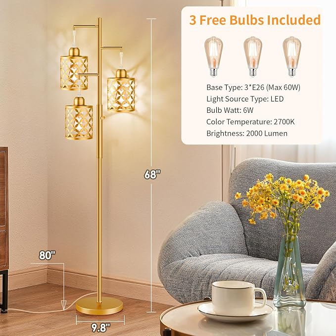 Dimmable Floor Lamp, Farmhouse Standing Lamp with Elegant Metal Cage, Industrial Tall Tree Floor Lamps for Living Room, Bedroom, Study Room, Office, 2000LM LED Bulbs Included - 68", Gold