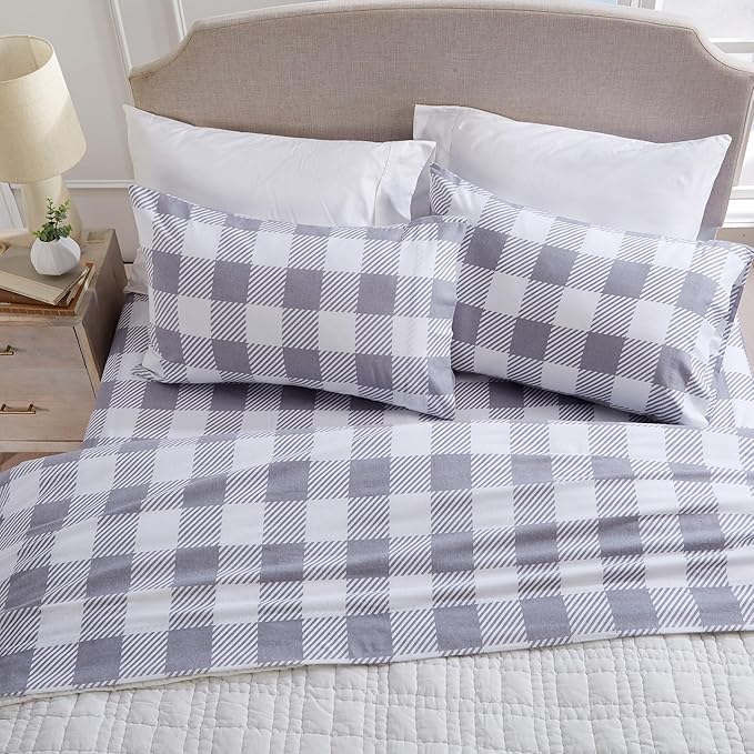 Market & Place 100% Turkish Cotton Flannel Sheet Set | 4 Piece Deep Pocket Novelty Cozy Winter Bed Sheets | Double Brushed for Extra Softness & Comfort | Queen, Buffalo Check Grey