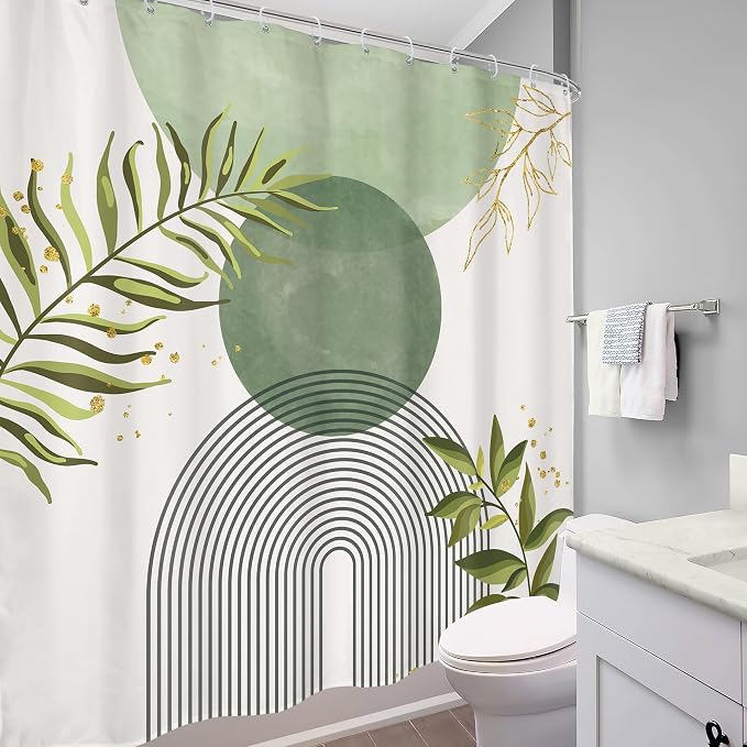 Sage Green Boho Shower Curtain 72Wx84H Extra Long Modern Abstract Bohemian Leaves Minimalist Neutral Botanical Arch Bathroom Decor Mid Century Plant Bath Curtain Fabric Polyester 12 Pack Hooks