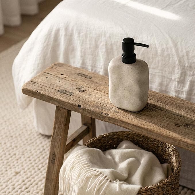 EMPO Ceramic Hand Soap Dispenser with Matte Black Pump, Stone-Textured Wabi-Sabi Liquid Dispenser for Bathroom Vanity and Kitchen Sink (440ml/14.8oz)