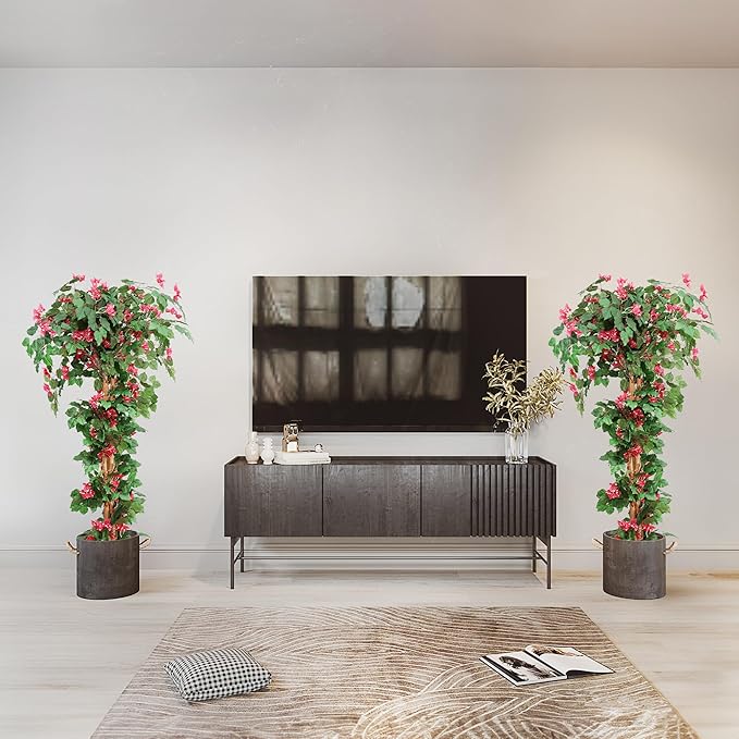 Damomo 5FT Artificial Bougainvillea Flowers Trees, Fake Bougainvillea Tall Tree with Black Plastic Potted, Outdoor Faux Blooming Plants for Indoor Front Porch Decor or Home Office, 2 PCS (59 inch)