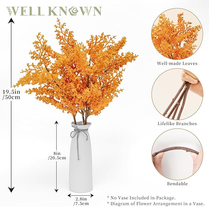 WELL KNOWN 4 Pcs Glitter Artificial Cedar Spray 19.5" Orange Floral Picks Faux Cedar Pine Branches Stems, Orange Floral Arrangements for Home Vase Wedding Wreath Xmas Tree Holiday Decoration Gift