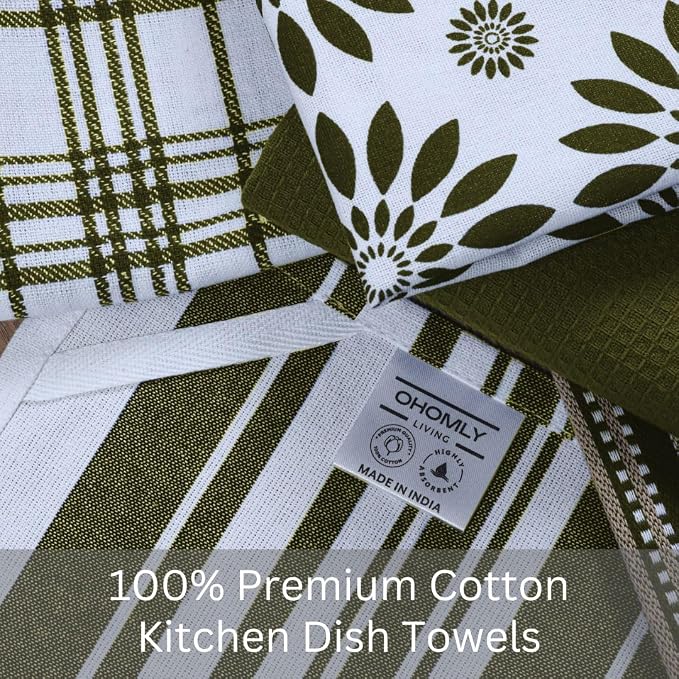 Assorted Kitchen Towels Set of 5-100% Cotton Dish Cloths Towels with Hanging Loop - Soft, Absorbent & Washable for Kitchen Use - Quick Drying Dish Towels 16x26 Inch Green