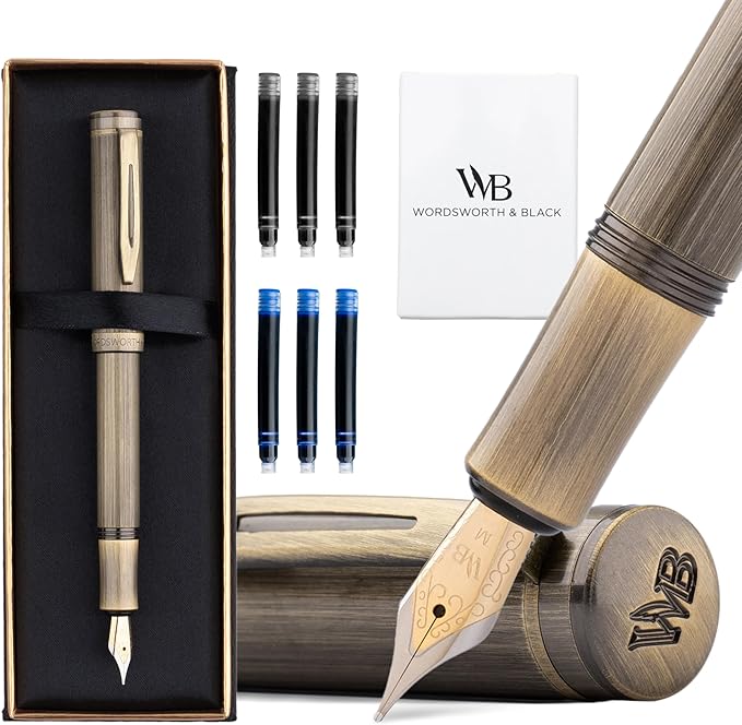 Wordsworth and Black Fountain Pen Mini EDC: Luxury Bronze Heavy Pocket Pen, Medium Nib, 6 Ink Cartridges, Ink Converter, Travel Refillable Writing Pen Gift Set, Men & Women