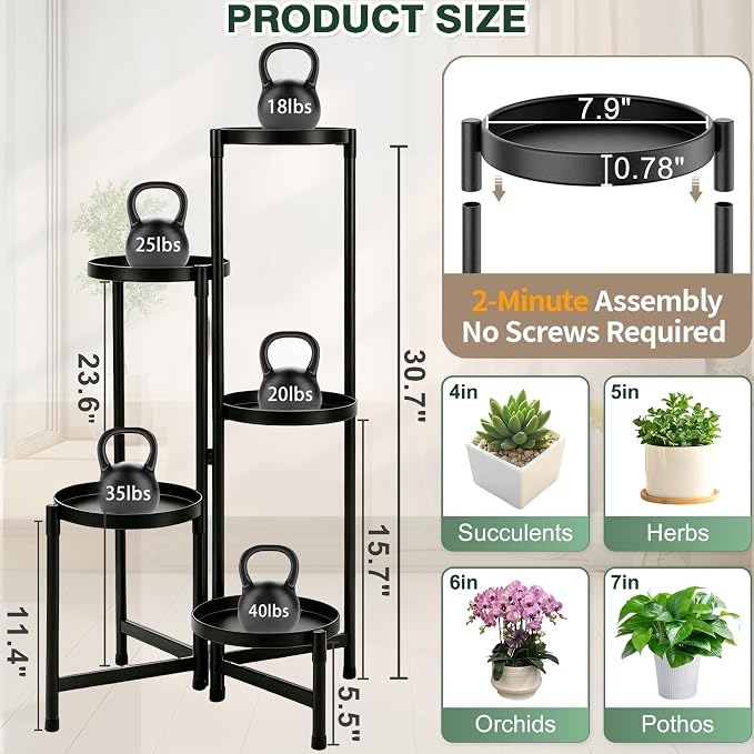 5 Tier Metal Plant Stand Indoor Outdoor, Corner Plant Stand Metal for Multiple Plants Holder, Tiered Flower Pot Holder, Multi Layer Plant Stand for Living Room Patio Garden Balcony Home Decor (5 Tier)