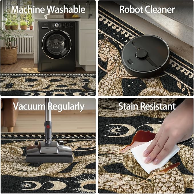 DCX Washable 2x6 Snake Runner Rug, Black Gothic Rug for Living Room, Soft Low Pile Carpet, Kid & Pet Friendly with Rubber Back Non Slip, Stain Resistant Rug for Bedroom Dining Room Office