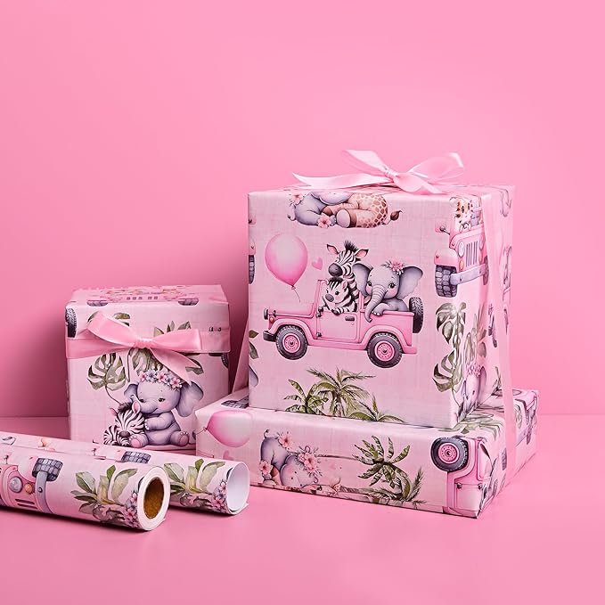 Altarho Baby Shower Wrapping Paper Roll - Pink Woodland Animals Truck Design Gift Wrap Sheets for Kids Boys Girls Baby Shower Party Decoration Celebration Total 28.5sq.ft