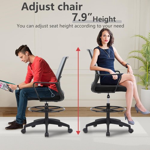 BestOffice Drafting Chair - Adjustable Tall Office Chair with Lumbar Support & Footrest | Mid Back, Ashy Color