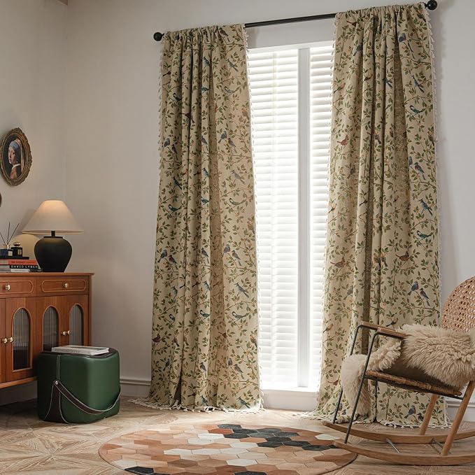 ENJOYBRIDAL Floral 84 Inches Curtains for Bedroom Jacquard Drapes Bird Patterned Semi Sheer Boho Living Room Window Curtains 2 Panels Farmhouse Rod Pocket Light Filtering Decorative Window Treatments