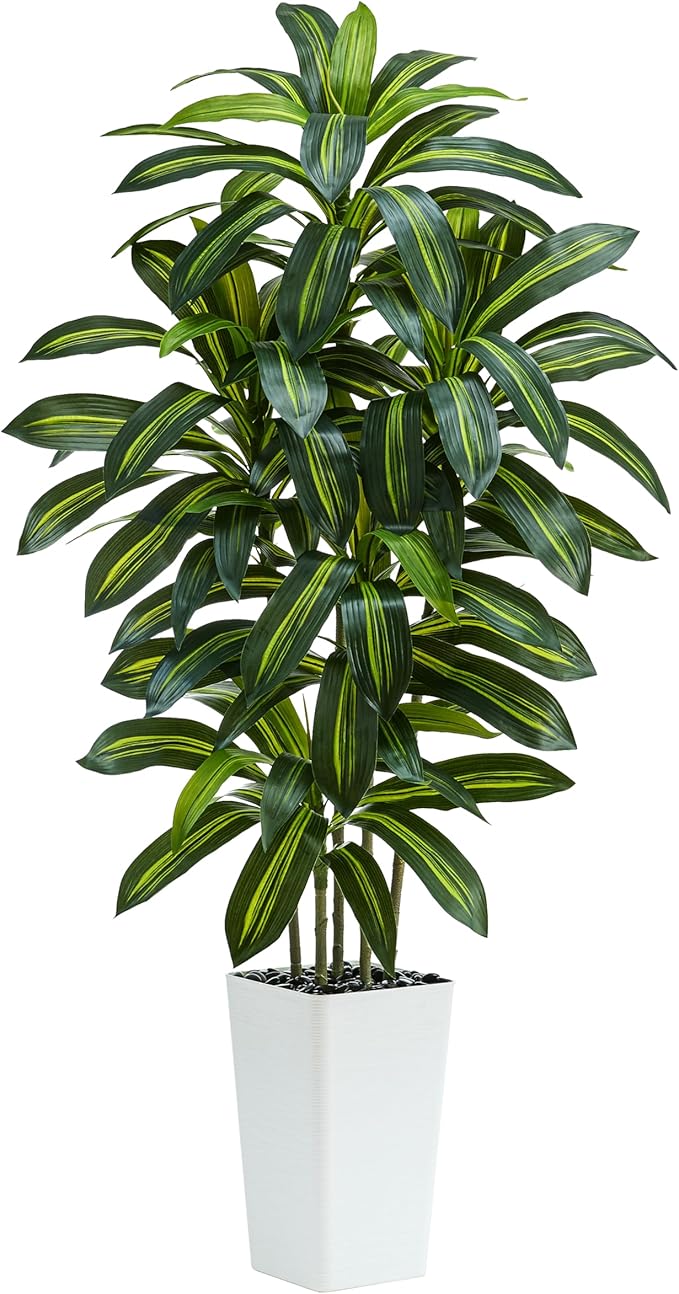 Artificial Dracaena Tree：5FT Faux Silk Tropical Yucca Floor Trees Realistic Fake Green Plant with Natural Wood Trunk & Lifelike Leaves for Home Office Decor Indoor & Outdoor (5FT,1-Pack,White)