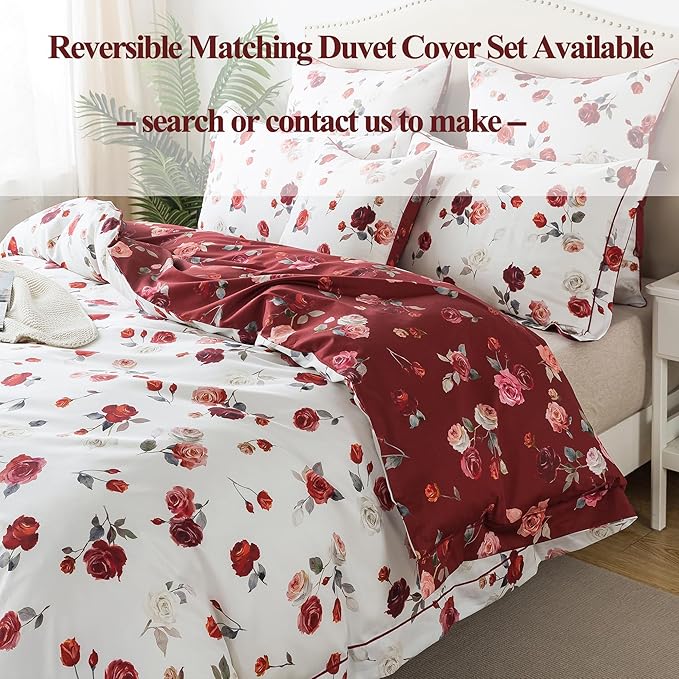 FADFAY Red Rose Sheets Set King Vintage Rose Floral Bedding Chic Rose Flower Bed Sheets Shabby Farmhouse Bedding 100% Percale Egyptian Cotton 800 Thread Count Deep Pocket Fitted Sheet 4Pcs, King Size