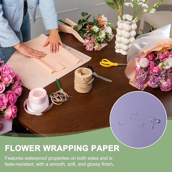 PATIKIL Flower Gift Wrapping Paper, 20 Sheets Double Sided Golden Waterproof Bouquet Paper Wrap Florist Supplies Packaging Floral Papers for Wedding DIY Craft Valentine, Purple Pink/Gold