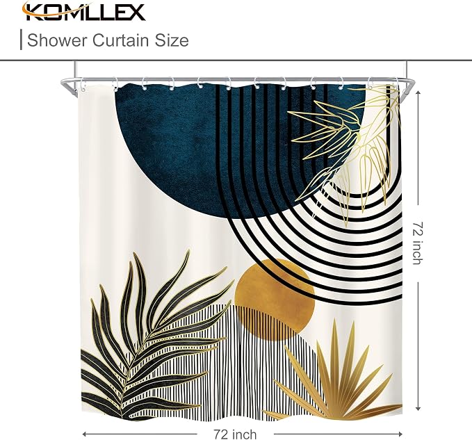 KOMLLEX Mid Century Blue Boho Shower Curtain 72Wx72L Inches Abstract Modern Blue Shower Curtains for Bathroom Decor Plant Botanical Minimalist Arch Sun Fabric Liner Waterproof Polyester 12 Pack Hooks