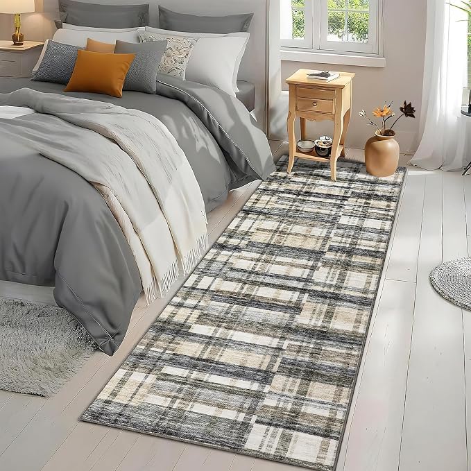 Washable Runner Rug 2x6 Runner Moder Plaid Tartan Non Slip Kitchen Rugs Low Pile Entryway Rug Soft Bathroom Rugs Stain Resistant Carpet for Hallway Laundry 2'x6' Blue&Beige