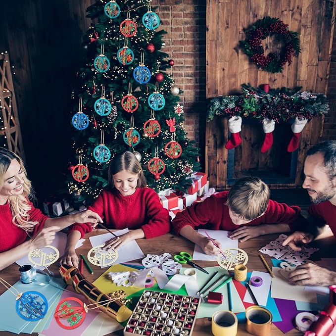 Chunful 24 Pcs DIY Christmas Wooden Ornaments 3D Unfinished Wood Crafts to Paint Christmas Hanging Cutouts Blank Hollow Wood Santa Reindeer Snowman Slice for Xmas Tree Decorations(Snowflake)