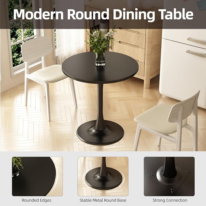 Round Dining Table 27.5" Circle Tulip Table with Wood Thickened Tabletop & Sturdy Metal Pedestal Mid Century Modern Leisure Bistro Kitchen Tables 4 People Small Places Living Room Cafe,Black