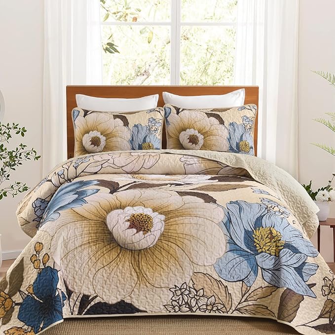 Dintszyayue Khaki Quilt Set Queen,3 Pieces Beige Floral Bedspreads Lightweight Coverlet Set for All Seasons, Reversible Quilted Printed Bedding Set with 2 Pillow Shams
