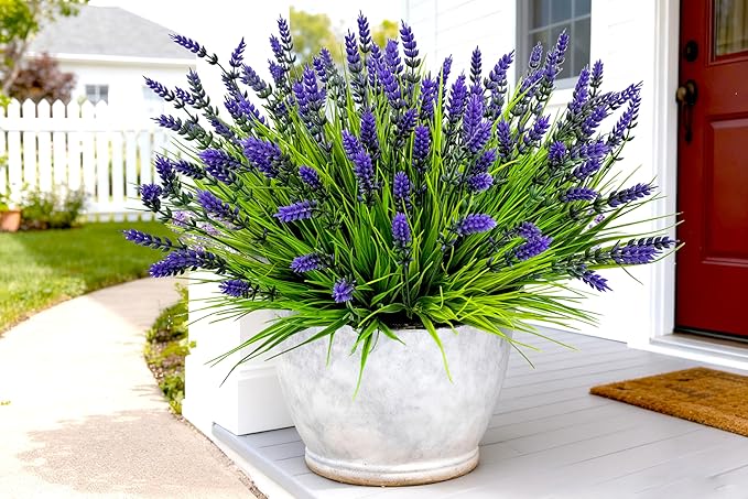 Artificial Faux Plants Flowers for Outdoors Decor, 22 Pcs Fake Lavender Flowers Outdoor UV Resistant, Realistic No Fade Realistic Outdoor Plants Greenery Shrubs for Porch Garden Yard Window Box Home