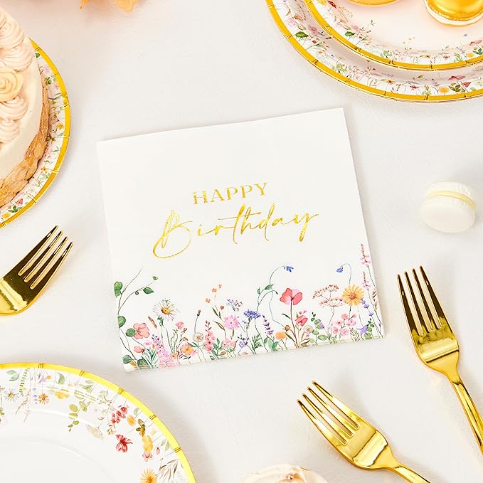 Crisky Wildflower Birthday Plates and Napkins set Women/Men Floral Disposable Tableware Set of 24 for Birthday Party Decorations (Plates, Napkin, Fork)