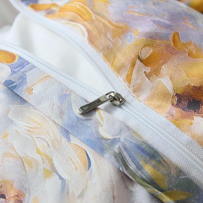 100% Cotton Duvet Cover King Size – Impressionist Natural Yellow & Blue Floral Duvet Cover Set with Zipper Closure, 3-Piece Soft Breathable Durable Percale Cotton Bedding Set for All Seasons