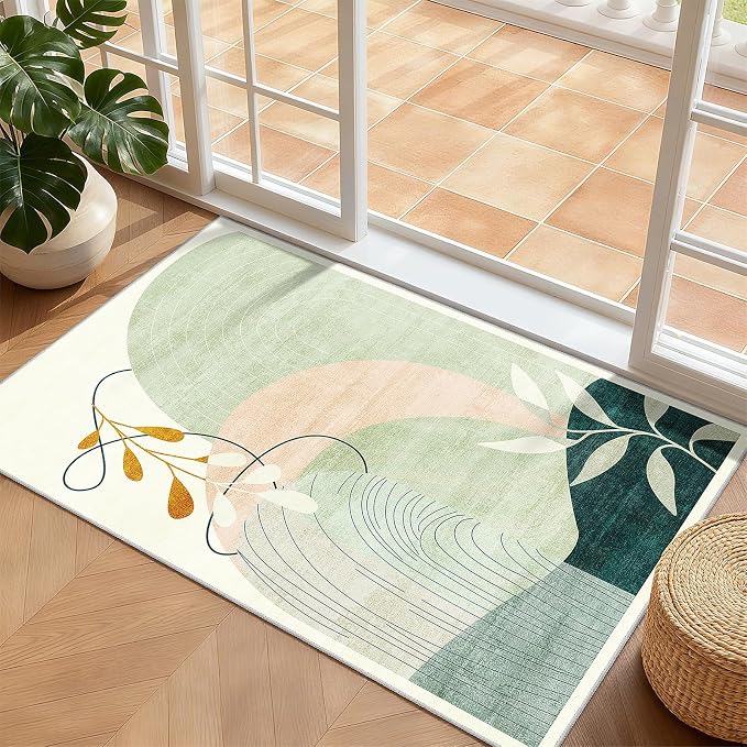 MUJOO 2x3 Washable Rug Small Area Rugs for Entryway Kitchen Bedroom,Boho Non Slip Throw Carpet for Bathroom Entrance Door Mat Mid Century Modern Abstract Botanical Geometric Accent Green