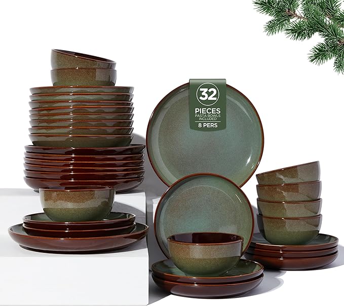 Pokini 32 Piece Double Bowl Dinnerware Sets with Pasta Bowls, Highly Chip and Crack Resistant Plates and Bowls Sets, Natural Earthyware Ceramic Dishware Sets, Service for 8 Sage Green