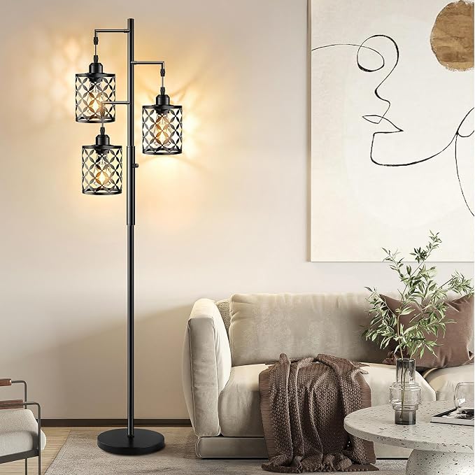 Dimmable Floor Lamp, Farmhouse Standing Lamp with Elegant Metal Cage, Industrial Tall Tree Floor Lamps for Living Room, Bedroom, Study Room, Office, 2400LM LED Bulbs Included - 68", Black