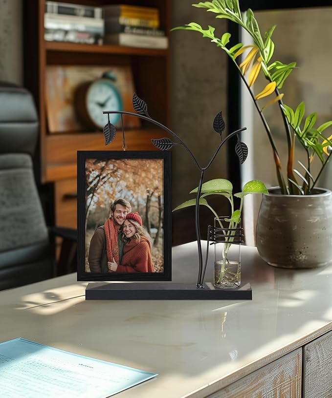 Afuly 5x7 Picture Frame Black Family Picture Frames with Metal Tree Stand Glass Vase Modern Desk Photo Frame for Double Sided Glass Display Wedding Birthday Gifts for Women Couple Mom