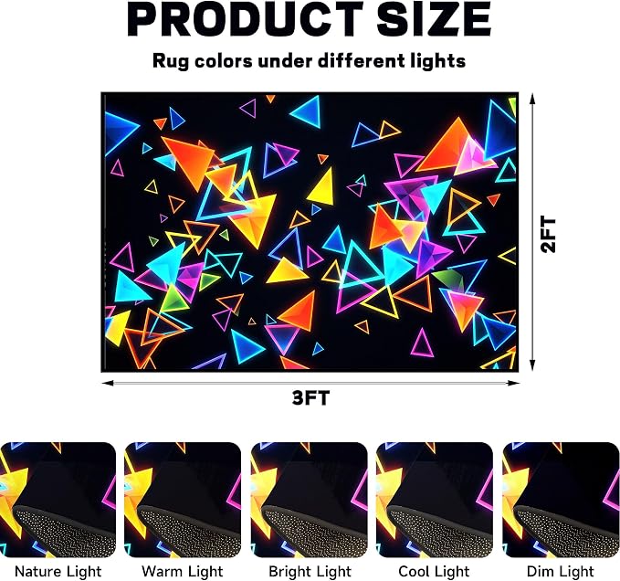 Triangle Area Rug 2'x3' Blacklight Glow in The Dark Geometric Rug Non-Slip Washable Colorful Neon Light Floor Mat for Entryway Bedroom Living Room Nursery Kitchen Playroom Home Decor