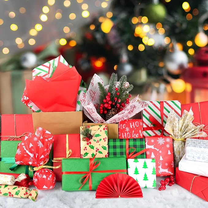 NEBURORA 120 Sheets Christmas Tissue Paper 20 x 14 Inch Xmas Wrapping Tissue Paper for Merry Christmas Holiday Party Decorations Gift Bags DIY Crafts