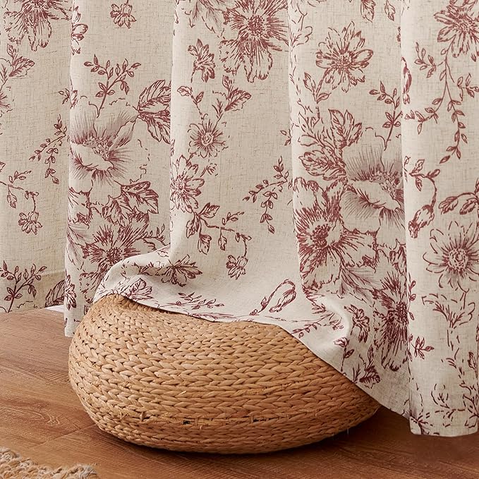 jinchan Lined Linen Blend Curtain Floral Curtains for Living Room 90 Inches Long Christmas Red Peony Flower Printed Curtain Rod Pocket Back Tab Farmhouse Patterned DrapesCurtains Set 2 Panels