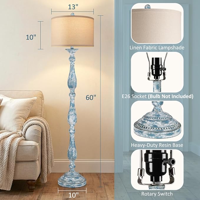 PARTPHONER Vintage Floor Lamp for Living Room, Rustic Farmhouse Standing Lamp with Rotary Switch and Linen Shade, Retro Resin Floor Lamp for Bedroom, Corner, Dining Room, House Decor, Wash Blue
