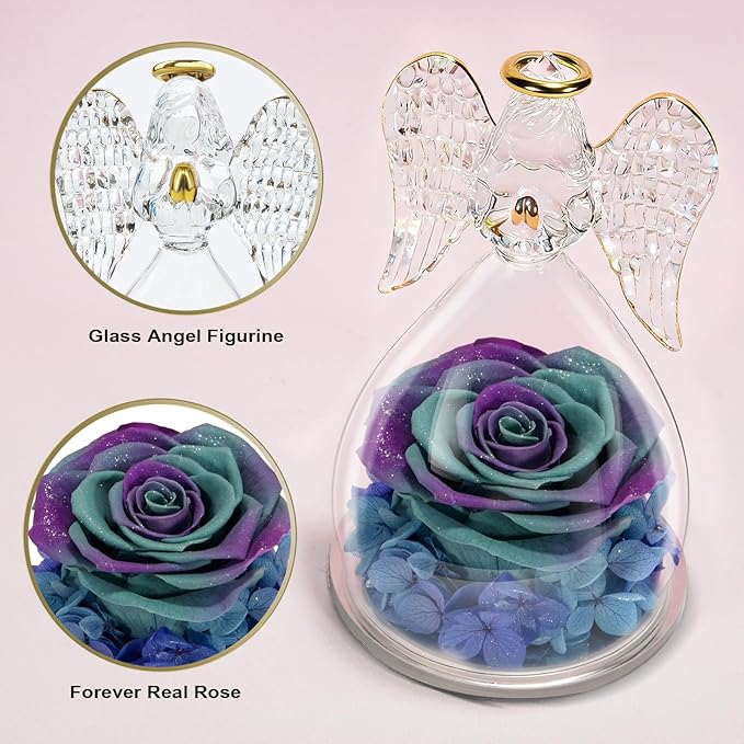 Yamonic Valentines Day Gifts for Her, Angel Figurines with Real Rose Gifts for Her Mom Grandma, Preserved Flowers Rose Angel Figurines for Mothers Day Christmas Anniversary Birthday Gifts for Her