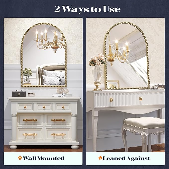 Arched Antique Gold Mirror with Beaded, 28"x36" Decorative Wall Mirrors, Champagne Bronze Brass Frame Vintage Mirror for Bedroom Dressing Room Entryway Fireplace