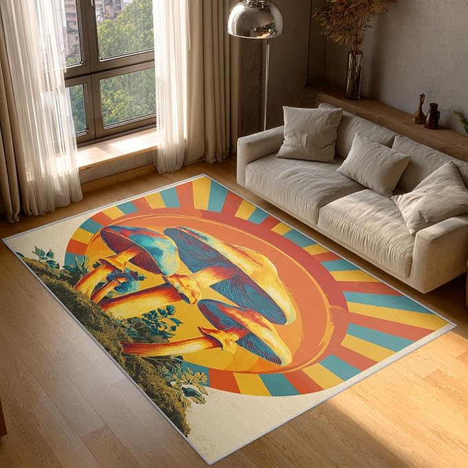 Mushroom Rugs for Home Decor, 5x7 ft, Mid Century Boho Sun Area Rugs for Living Room, Soft Non Slip Washable Retro Trippy Mushroom Carpet Bedroom Decorations Dt-Ghf-69