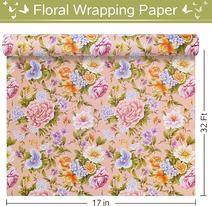 RayofSun Floral Wrapping Paper Roll Roll 17 in x 32ft Mini Roll Pink Peonies Yellow Roses Blooms Gift Wrap Paper for All Occasion Wedding Birthday Bridal Shower Party Wrapping Supplies