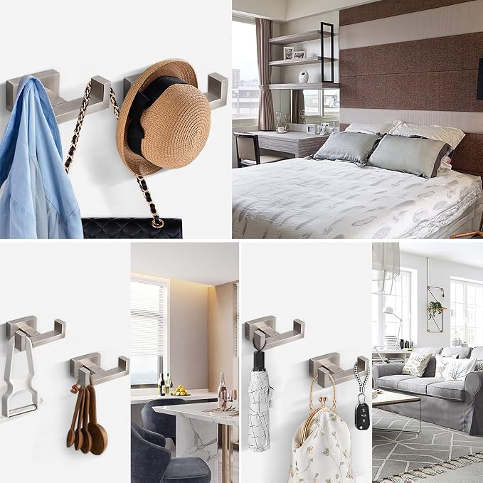 NearMoon Bath Double Towel Hook- SUS304 Stainless Steel Square Robe Towel Holder, Heavy Duty Rustproof Double Coat Hook for Bathroom Livingroom Kitchen Wall Mounted, 2 Pack (Brushed Nickel)