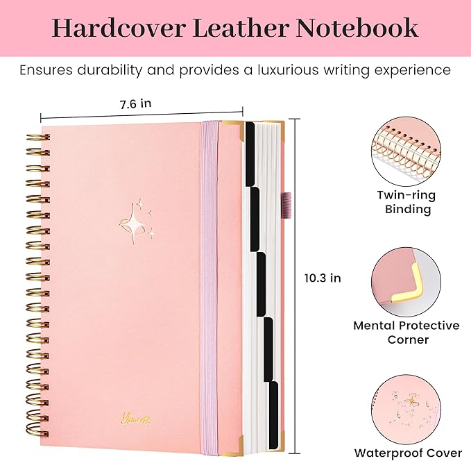 FLYING EAGLE Leather Spiral Notebooks for Work 5 Subject Notebook College Ruled with Dividers Pen, 360 Pages B5 Hardcover Lined Journals for Women Men Writing,Pink
