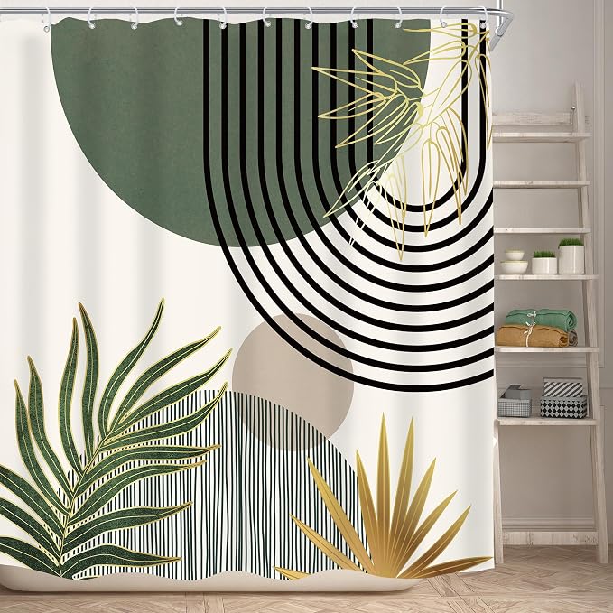 KOMLLEX Mid Century Dark Green Boho Shower Curtain 72Wx72L Inches Abstract Modern Shower Curtains for Bathroom Gold Plant Botanical Minimalist Arch Sun Fabric Liner Waterproof Polyester 12 Pack Hooks