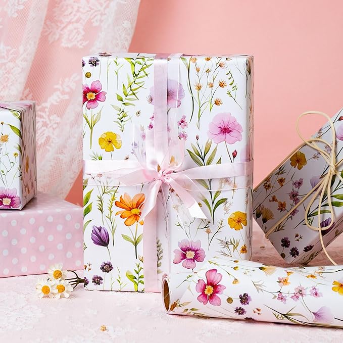 Burymento Flowers Wrapping Paper, Reversible Wave Point Gift Wrap for Birthday, Valentines, Mothers day, Graduation, Wedding, Fathers day, Baby Shower, Christmas (17in x 16.4ft)