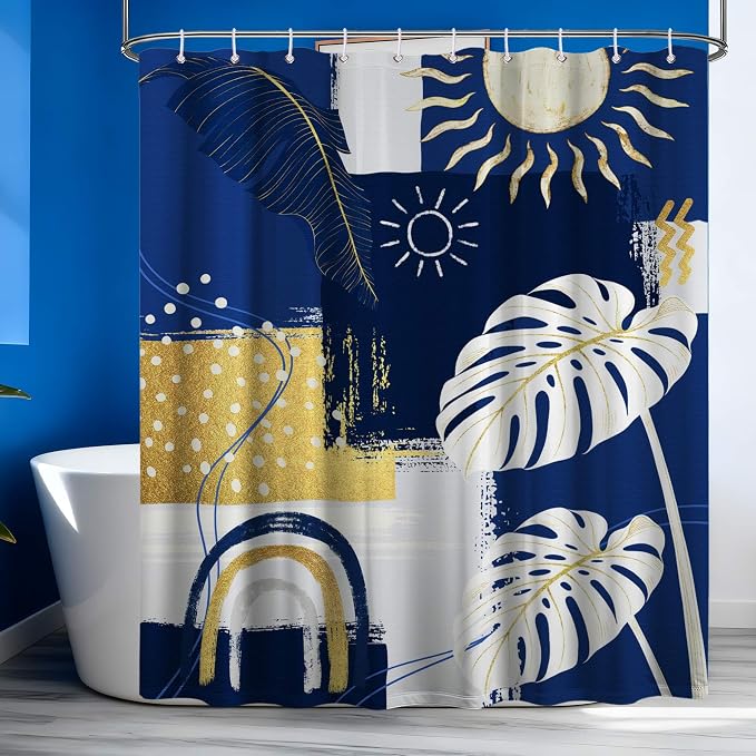 Small Stall Narrow Shower Curtain Blue and White Stand Up Abstract Navy Blue and Gold Boho Shower Curtains for Rv Camper Bathroom Decor Sets, Waterproof Cloth Fabric with Hooks, 48 x 72 Inch